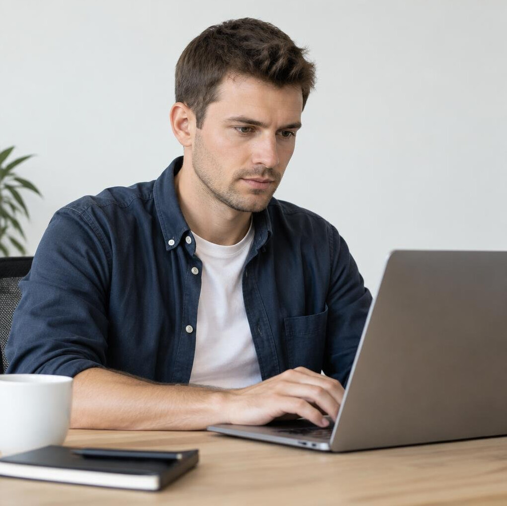 Young man working on a laptop writing code