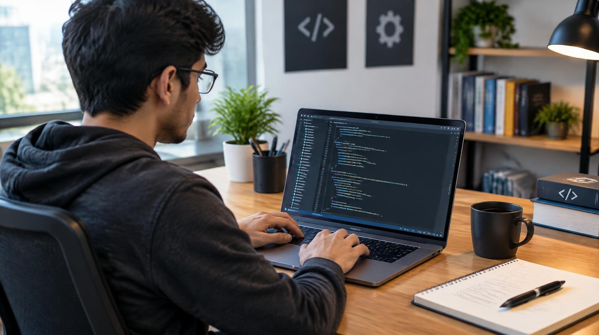 young programmer coding on laptop